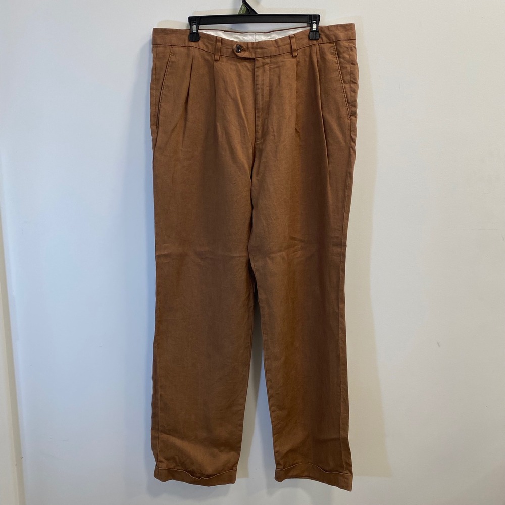 Paul Fredrick 100% Linen Pants Mens 36 Brown Pleated Cuffed Classic Fit Coastal